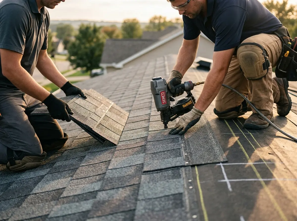 Professional roofer working on a residential roof in Flowery Branch